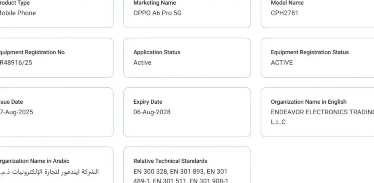 Oppo A6 Pro 5G Resmi Bersertifikasi di India & UAE, Spesifikasi Lengkap Terungkap