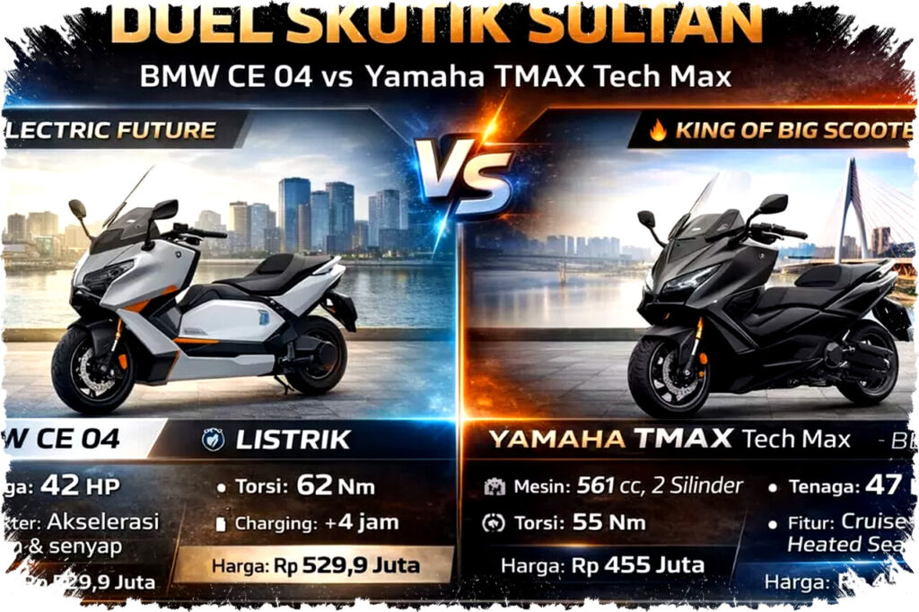 Pertarungan Skutik Sultan: BMW CE 04 Listrik Futuristik Vs Yamaha TMAX Tech Max Bensin Premium