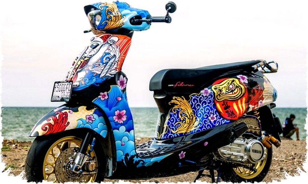 Modifikasi Yamaha Grand Filano Bertema Jepang, Kombinasi Sporty & Klasik dengan Grafis Ikonik Daruma dan Maneki-Neko