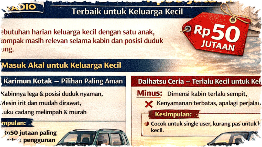 Budget Rp50 Jutaan: Rekomendasi Mobil Bekas Paling Rasional untuk Keluarga Kecil & Harian