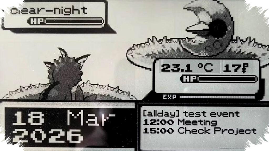 Kalender Ini Bertarung Ala Pokémon, ESP32 E-Ink Ubah Cuaca dan Jadwal Jadi Game Retro