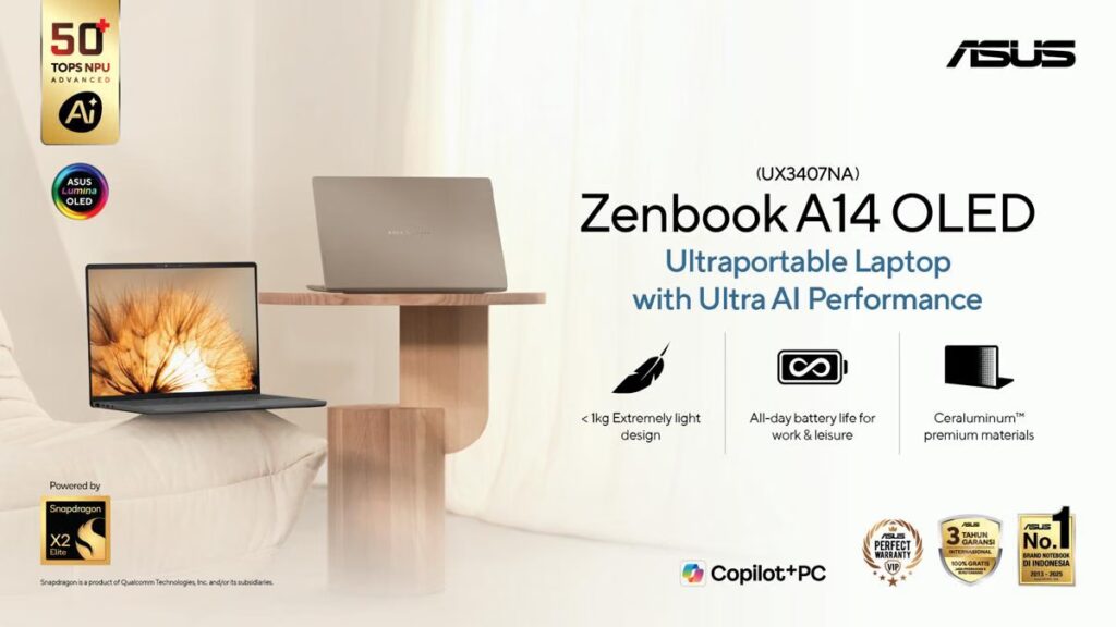 ASUS Zenbook A14 OLED Meluncur Ringan, Snapdragon X2 Elite Bawa Lonjakan Performa Besar