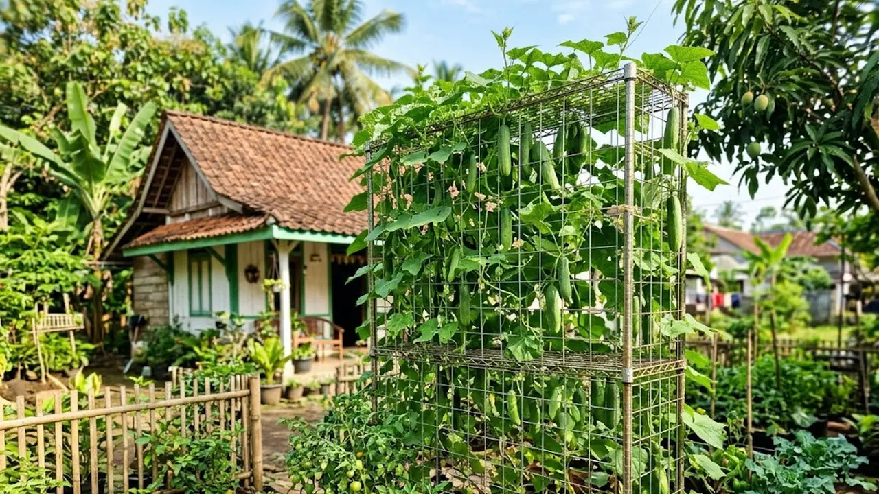 Rak Bekas Disulap Jadi Kebun Timun Gantung, Lahan Sempit Tetap Bisa Panen Rapi